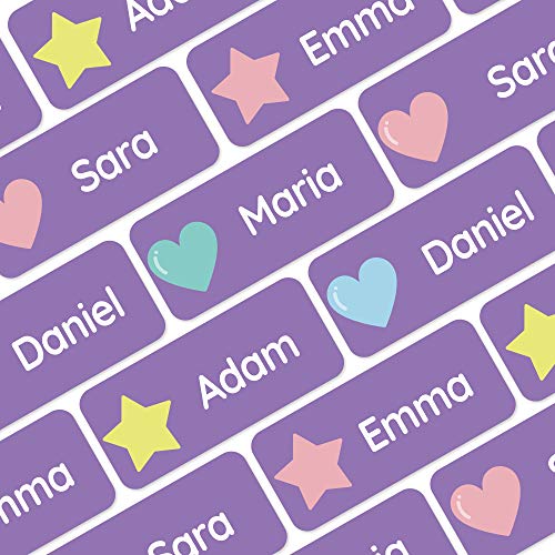 Teddylabels - 120 Personalized Name Labels (1.2” x 0.5”) to Use on Clothes and Gear. Waterproof and Self-Adhesive Labels for Everyone – Toddlers, School Kids, and Parents - Shapes - Purple - 8
