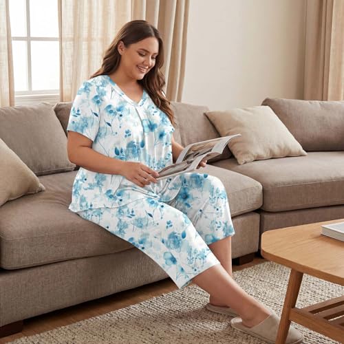 Image of Bestbee Women's Pajama Sets 2 Piece Lounge Outfits Summer Sleepwear V Neck Short Sleeve Capri Pant With Pockets Ladies Pjs