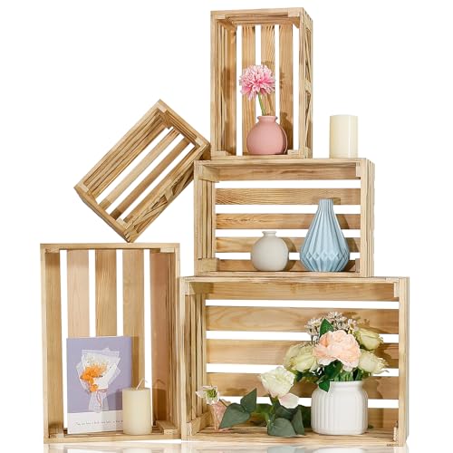 Boy Mcowboy Wooden Crates For Display 5 Pack Wood Storage Crate For Home Rustic Nested Crates With Handles, Farmhouse Wooden Basket For Storage Container And Decorations