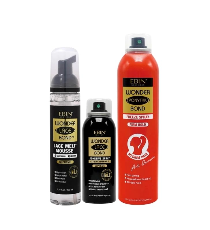 1xBond Wig Adhesive Spray - Supreme, 1x Wonder Lace Bond Melt Mousse, 1x Wonder Ponytail Freeze Spray – Firm Hold, Secure Wig Hold, Quick-Dry, Bold Hold – Gift Set (3 Items)