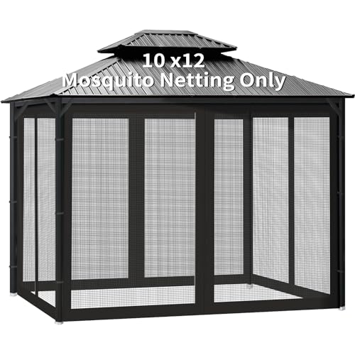 Gazebo Universal Replacement Mosquito Netting 10 x 12 Outdoor Canopy Net Screen 4-Panel Sidewall Gazebo Curtains with Zippers Easy to Install Fit for Most Gazebos 10x12 Canopy PatioBlack