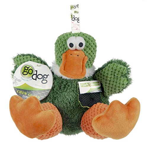 Image of goDog Checkers Sitting Duck Squeaky Plush Dog Toy, Chew Guard Technology - Green, Large