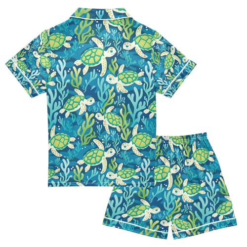 senya Seaweed Turtles Satin Summer Pajama Sets Silk Short Sleeve Button Down Sleepwear2