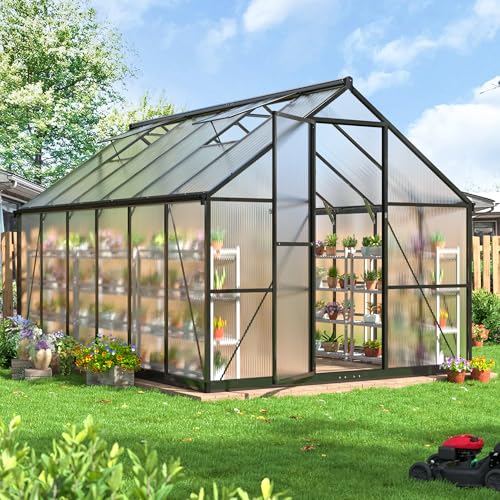 VIWAT Greenhouse for Outdoors 8x12 FT, Polycarbonate Greenhouse with Roof Vent and Quick Setup Structure, Aluminum Large Walk-in Green House for Outside Garden Backyard, Black