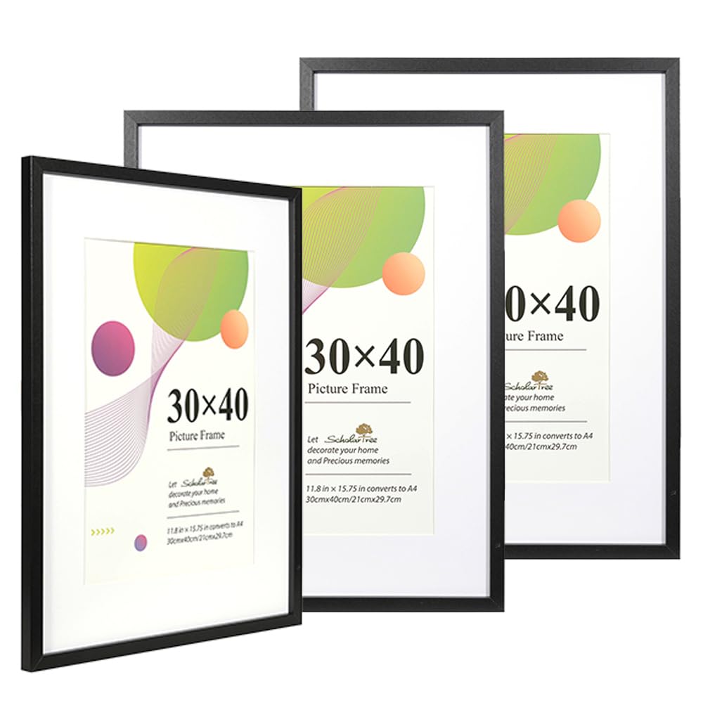 Scholar Tree 30x40 Picture Frame,3 Pack Black,12x16 picture frame, Wooden Photo Frames with A4 Mount,with Wall Hanging