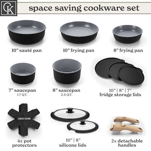 Image of Country Kitchen Cookware Set with Removable Handle, Oven & RV Safe Pots and Pans Set, Black /Grey Wood Handle, Original
