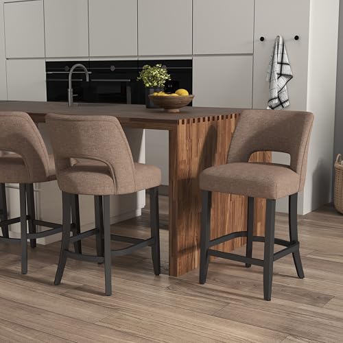 Image of VKNOW Bar Stools Set of 6, 26 inch Upholstered Counter Height Bar Stools, Modern Counter Stools with Black Legs for Kitchen Island Dining Room Bar, Brown-Black Legs