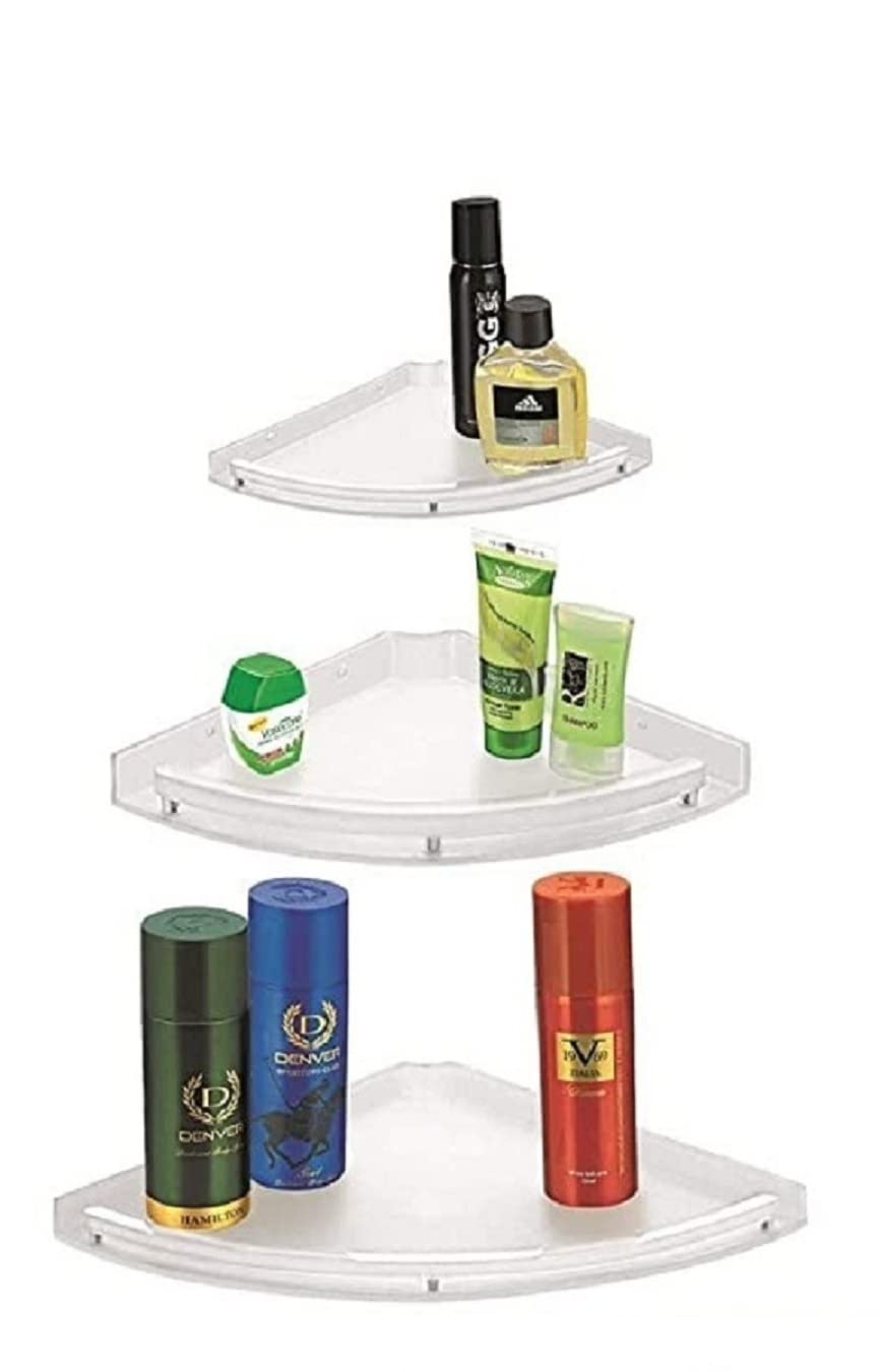 SVM Products Unbreakable Corner Shelf White for Bathroom and Kitchen Shelves (Pack of 3, Plastic, Medium)