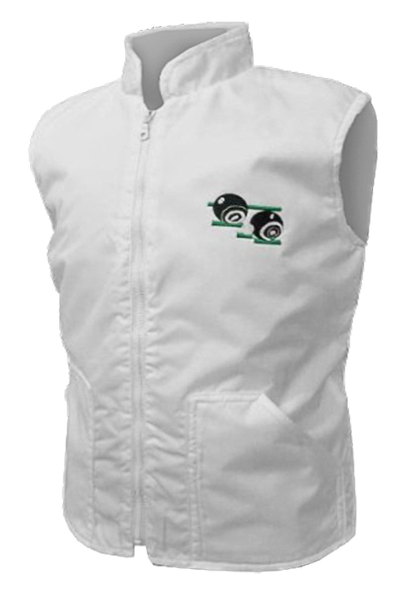 Sians Fashions Bowling Waterproof Fleece Lined Gilet Bodywarmer Warm Bodywarmers with Bowls Bowlers Logo (5X-Large, White)