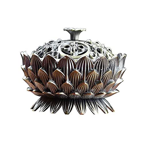 GDFFKS Brûleur d'encens rétro, Support d'encens de Fleur de Lotus avec Couvercle et Support de Bobine de cône de bâton, Ornements créatifs en métal, sculpté à la Main, Bronze Cover