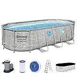 Bestway Power Steel Swim Vista Series Frame Pool Komplett-Set mit Filterpumpe 549 x 274 x 122 cm, Steinwand-Optik (Cremegrau), oval