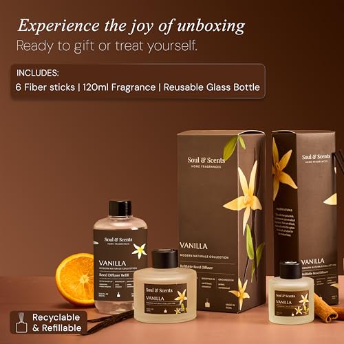 Image of Soul & Scents Glass 120ml Vanilla Reed Diffuser Set | Free 6 Fiber Reed Sticks | Stress Relief & Aromatherapy | Long-Lasting, Smoke-Free Air Freshener for Home, Bedroom & Office | Ideal for Gifting