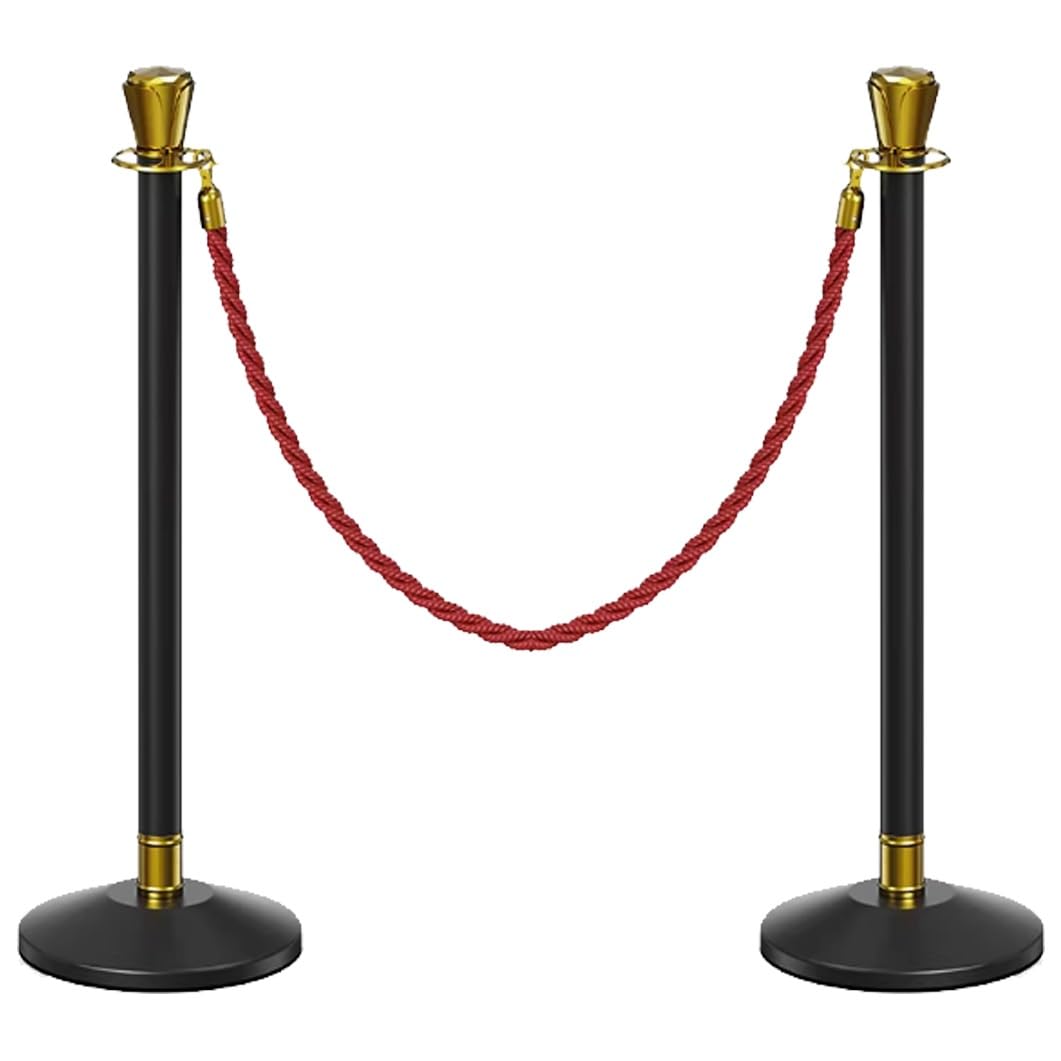 Aioneer 39.3" Stainless Steel Stanchion Post With 4.9 Ft Ropes Durable Queue Barriers For Crowd Control Commercial Use 6 Packblack & Silver-Black Gold-2 Pack