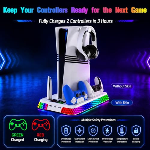 Image of Cooling Station for PS5 Slim Pro,Vertical Stand with Adjustable Fan Charger | Gift for PS5 Long Gaming,3 Level Quiet Fan,Two Controller Charging,10 Colors Dynamic Mode,Headset Hook,USB Hub,Anti-Slip Base