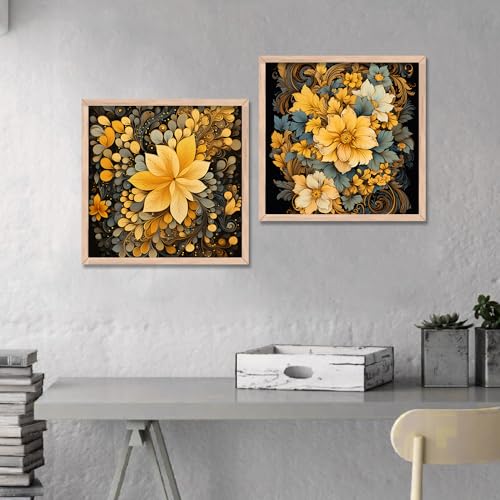 Image of kotart Painting for Wall Decoration - Floral Painting for Living Room Bedroom Office Room Decor - Premium Digital Paintings with Frame for Home Decoration - Set of 2 Multicolor paintings (13x13 inch, E)