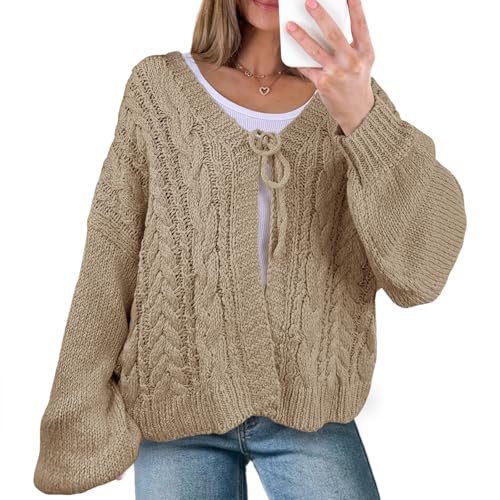 Saodimallsu Womens Tie Front Cardigan Sweaters Cable Knit V Neck Lantern Long Sleeve Casual Loose Sweater Coats