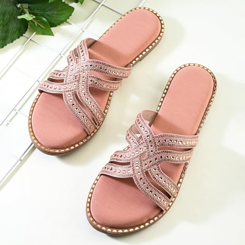 Image of Centrino Women's Beaded Flat Sandals| Open Toe Stylish Slip-On Sandals for Ladies | Metallic Crisscross Straps with Soft Cushioned Footbed for Comfort | Lightweight Casual Fashion Footwear (9305)