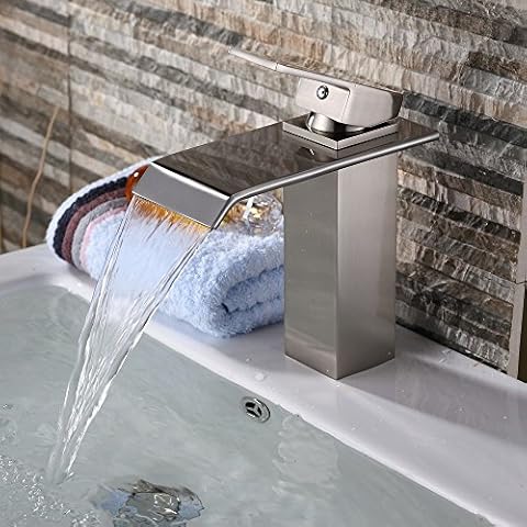 Bathroom Faucet Brushed Nickel Waterfall Wide Rectangular Spout Single Handle One Hole Deck Mount Cover