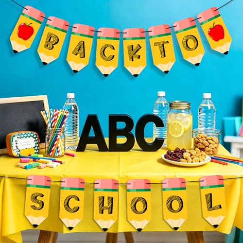 Image of Welcome Back to School Banner First Day of School Garland Pencil Apple Classroom Decorations for Teacher Kindergarten Preschool Classroom Office Home Decor Photo Backdrop Party Favors