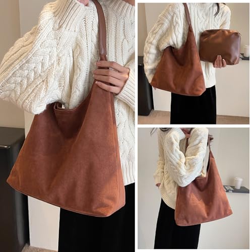 Image of Suede Bag for Women New Suede Tote Bags for Women Retro Slouchy Bag Brown Shoulder Bag Hobo Handbag