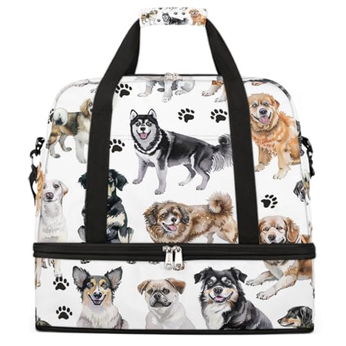 Foldable Carry On Bag for Travel, Expandable Duffle Bag with Shoe Compartment, Dog Paw Pattern Lightweight Sports Gym Tote with Trolley Sleeve