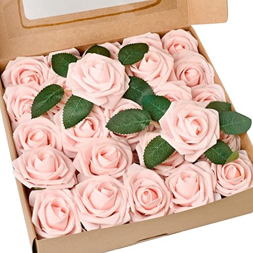 HappyHapi 50Pcs Artificial Flowers Roses Bulk Light Pink Foam Fake Roses with Stems for Wedding, Bridal Shower Decorations Fake Flowers Centerpieces Tables Decorations