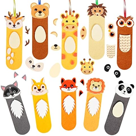 MENGON 10 Pcs Kids Bookmarks DIY Animal Book Mark Felt Children Bookmark Kit for Arts and Crafts Projects Festival Gift Forest Animals Lion Fox Owl Giraffe Panda Cover