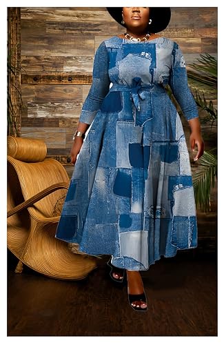 Image of Hostoyo Women Plus Size Formal A Line Maxi Dress Self Tie Waist with Pockets Elegant Round Neck Swing Long Dresses