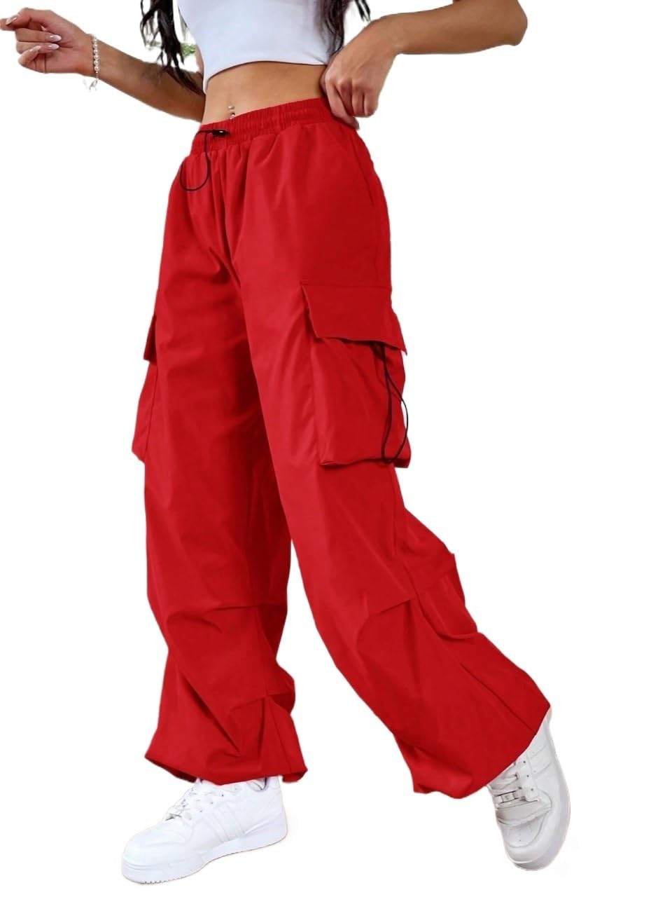 Womens Fall Pocket Side Drawstring Waist Pants Trousers Red