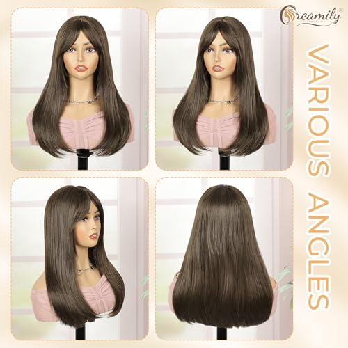 Image of Creamily Straight Long Hair Wig for Woman Girls Full Head Natura,Brown Artificial Women Hair Wig,Synthetic Ladies Wigs with Bang for Daily Use (Brown, 20 inch)