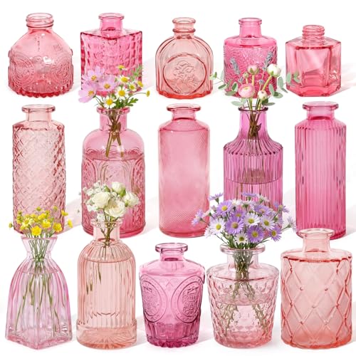 Set of 15 Pink Colored Glass Bud Vases - Small Textured Flower Vases for Centerpieces Wedding Table Decor Retro Home Decor Bulk Vase Set for DIY Events & Gifts
