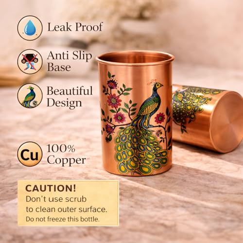 Image of JAIPUR ACE Pure Copper Water Bottle with Glass Set Peacock Design | 100% Copper Drinking Bottle Set I Ayurvedic Health Benefits Leak Proof Premium Designer Bottle Set for Home Office (Royal Peacock)