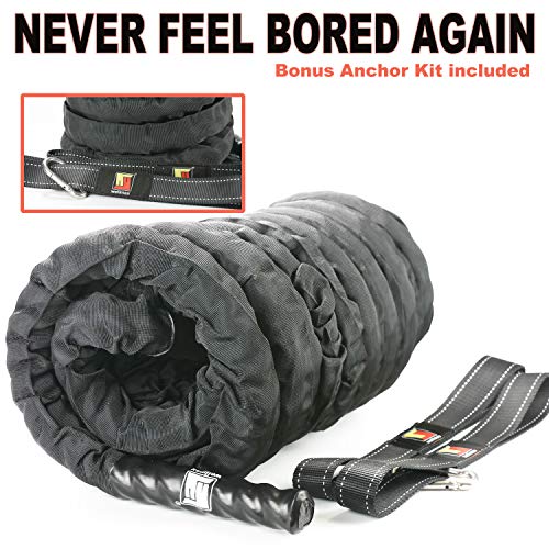 Wellmax Heavy Duty Battle Rope with Portable Anchor Kit, 1.5 inch by 30ft, Perfect for Muscle Training Exercise, Fitness, Cardio Workout and Crossfit