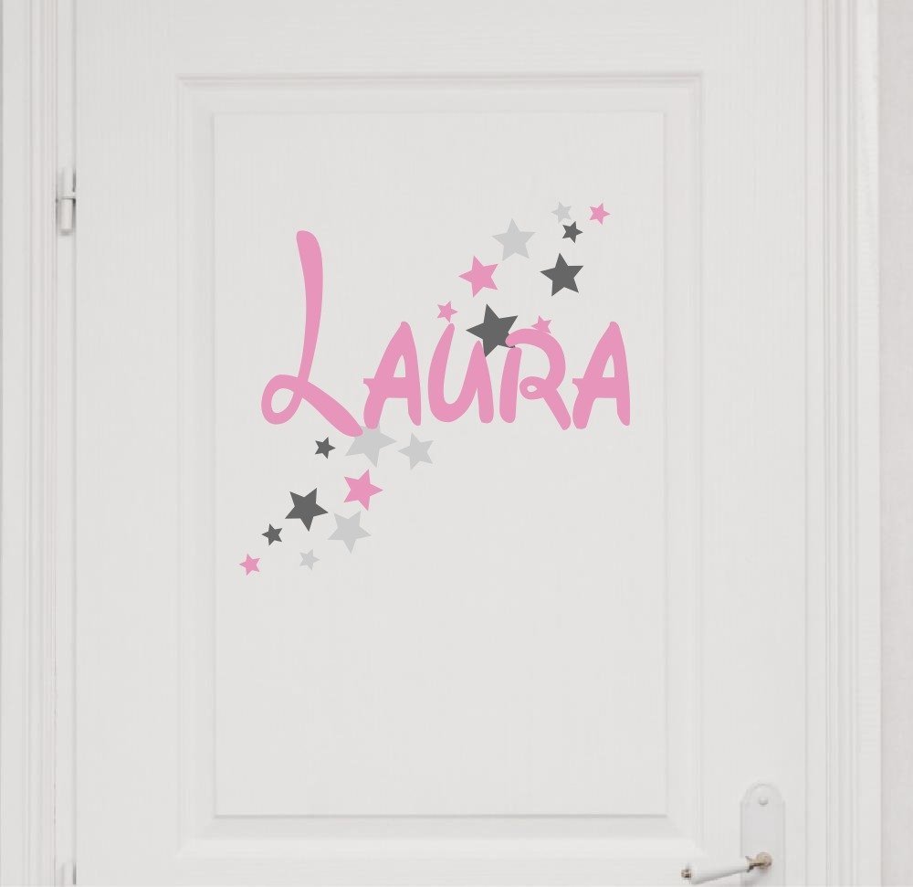 Türaufkleber mit Wunschnamen, 73064-29cm-tricolore-rosa-dunkelgrau-grau, Sterne Mädchenzimmer, Kinderzimmer Mädchen, Wandaufkleber