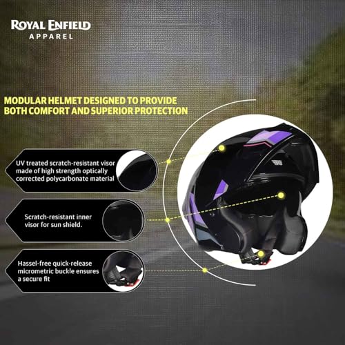Image of Royal Enfield Stealth MOD TECHBOX Modular Helmet | Certification: ISI & DOT | Shell Construction: High Impact Grade ABS & Fiberglass Composite | Weight: 1200 + /-50 | Purple M