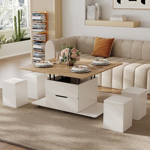 Homary Mesa de Centro Elevable con 4 Taburetes 100 X 50cm Natural y Blanco con Mecanismo Hidráulico y Almacenaje Oculto,Extensible con Ruedas Bloqueables Función Convertible para Oficina o Comedor