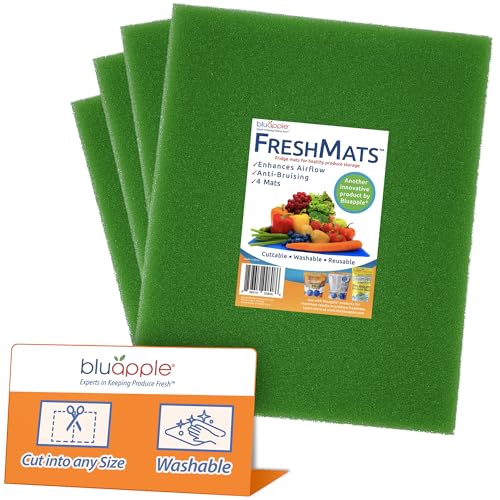Bluapple FreshMats - Refrigerator Bin Liners, Fridge Drawer Mats - Keeps Produce Fresh Longer, Prevents Bruising, Promotes Air Circulation - BPA-Free Polyurethane Foam - (4-Piece Set, 12'x15', Green)