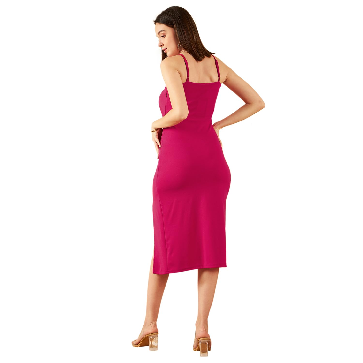 Rare Women's Spandex A-Line Mid-Calf Length Dress (Ep7090C_Pink_S)
