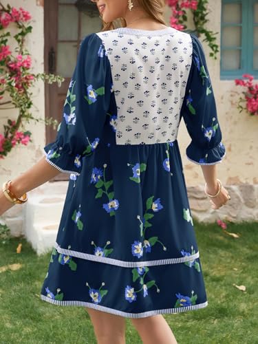 Image of Wenrine Womens Casual Floral Mini Dress Summer Patchwork Boho Shirt Dresses