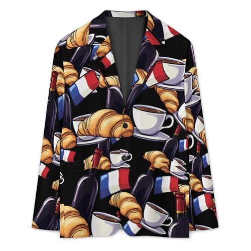 Wine Coffee Croissants France Flag Men's Slim Suit Long-Sleeve Prom Tuxedo Classic Two Button Business Jacket3