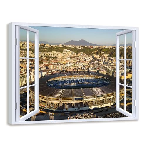 Quadro finestra panorama Napoli, Stadio con Vesuvio sullo sfondo - Stampa su tela con telaio in legno - 70x50 cm