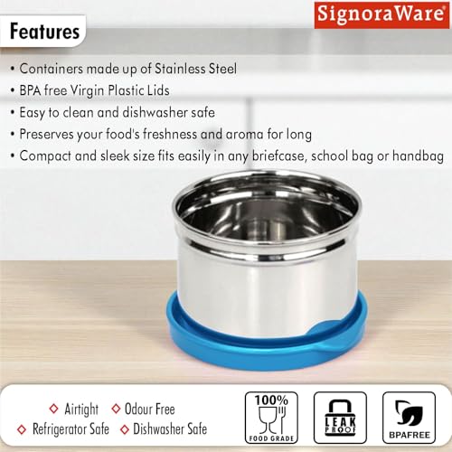 Image of Signora Ware Mini Fresh Stainless Steel Small Container | Airtight & Leakproof | Compact & Travel-Friendly | Easy to Carry | Perfect for Office, School & Home Use (170ml | TBlue)