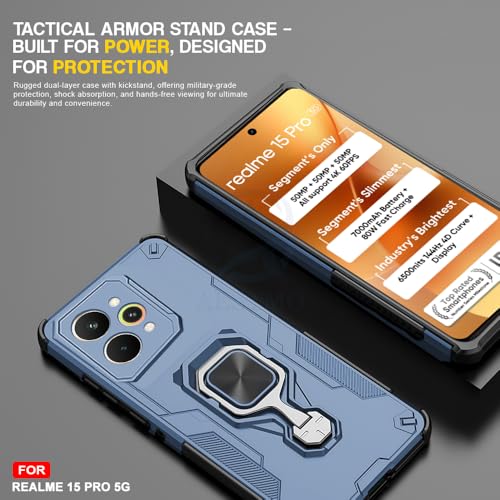 Image of AESTMO Armor Back Cover for Realme 15 Pro 5G | Ring Holder & Kickstand & Camera Protection in-Built | 360 Degree Protection Back Case Cover (Blue)