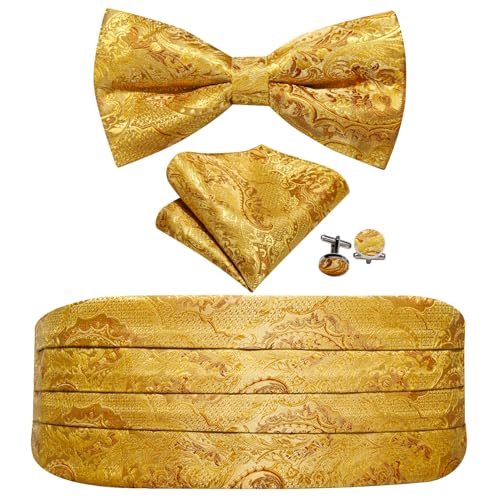 Image of YOHOWA Men Cummerbund Bow Tie Set Silk Paisley Formal Pre-Tied Bowtie Pocket Square Cufflinks Wedding Party Prom