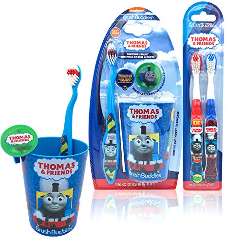Premium Kids Girls Boys Children Friendly Designed Disney Happy Brushing Time Thomas and Friends Soft Bristle Toothbrush Kit, Manual Toothbrush, Cover Cap, Rinsing Cup, Extra Brushes