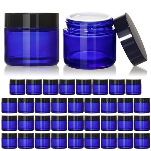 KEYWING 2oz Small Glass Jars with Black Lids, 35 Pack Blue Round Glass Cosmetic Jars with Inner Liners for Cream, Lotions, Powders and Ointments