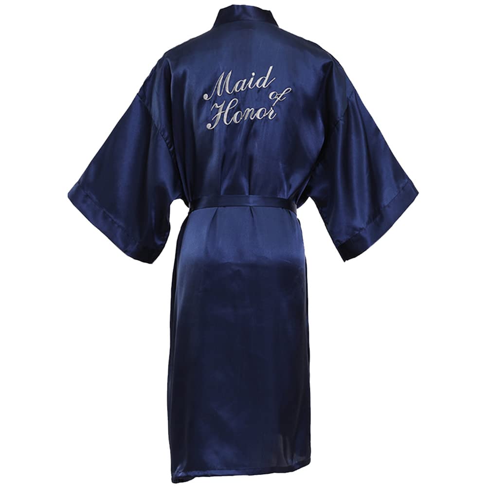Xiinxigo Women's Maid Of Honor Navy Dressing Gown For Party Robes, Satin Kimono Robes, Bride Bathrobe, Nightdresses Sleepwear Dressing Gown,,2Xl