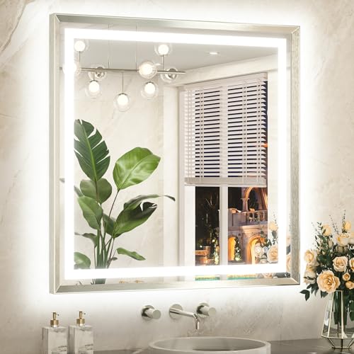 TETOTE Led Bathroom Mirror 36 x 36 with Brushed Bright Nickel Frame Anti-Fog Frontlit & Backlit Vanity Mirror Stepless Dimmable 3 Colors White/Warm/Natural Wall-Mounted