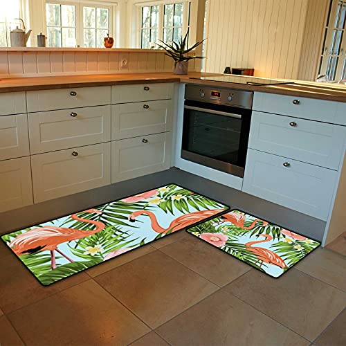 Kitchen Rugs and Mats Set of 2 Pieces Anti Fatigue Standing Mat Pink Flamingo Tropical Jungle Light Blue Non Slip Washable Comfort Flooring Carpet Runner for Kitchen Home