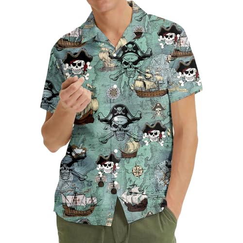 Pirate Skull Hawaiian Shirts for Men Women, Vintage Skull Pirate Treasure Map Shirt Button Down Short Sleeves4